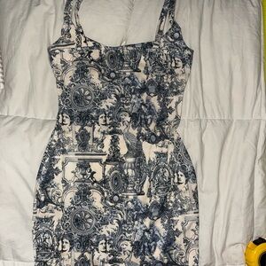 Sleeveless Blue and Cream Artistic Vintage Print Unique Printed Bodycon Dress